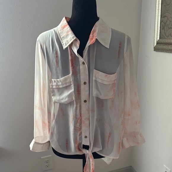 Gianni Bini GB tie dye buttoned down tie front 3/4 sleeves semi sheer top Sz XL - Picture 1 of 6